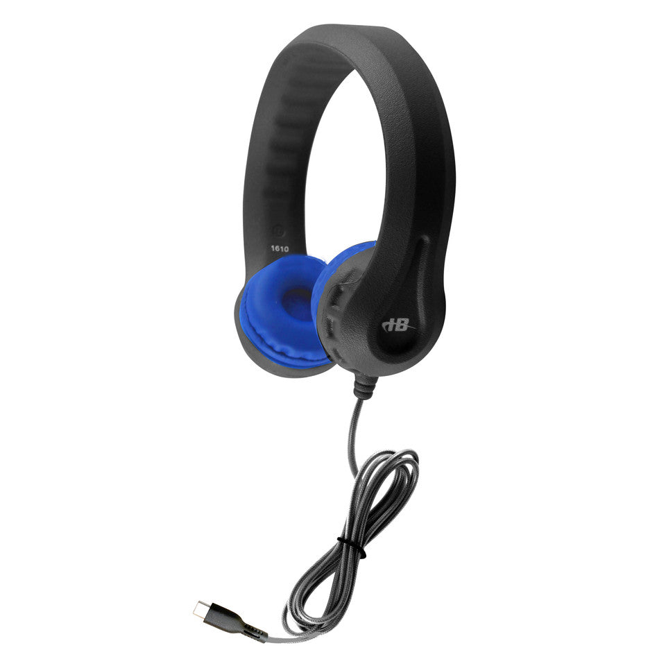 HamiltonBuhl KIDS-BBC USB-C Flex-Phones™ Virtually Indestructible Foam Headphones – Black with Blue Ear Cushions