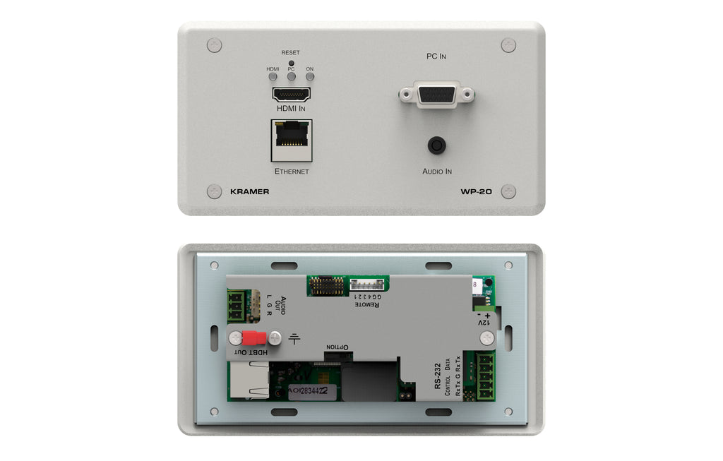 Kramer WP-20/US (W) 4K60 4:2:0 HDMI & VGA Wall–Plate Auto Switcher/Transmitter over Extended–Reach PoE over HDBaseT with Maestro Room Automation